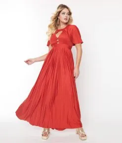 Smak Parlour Rust Red Pleated Cape Maxi Dress