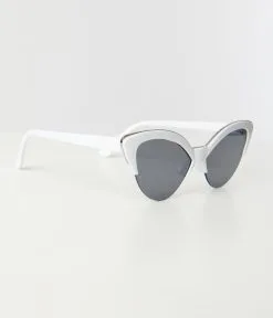 Unique Vintage White & Silver Half Rim Cat Eye Sunglasses