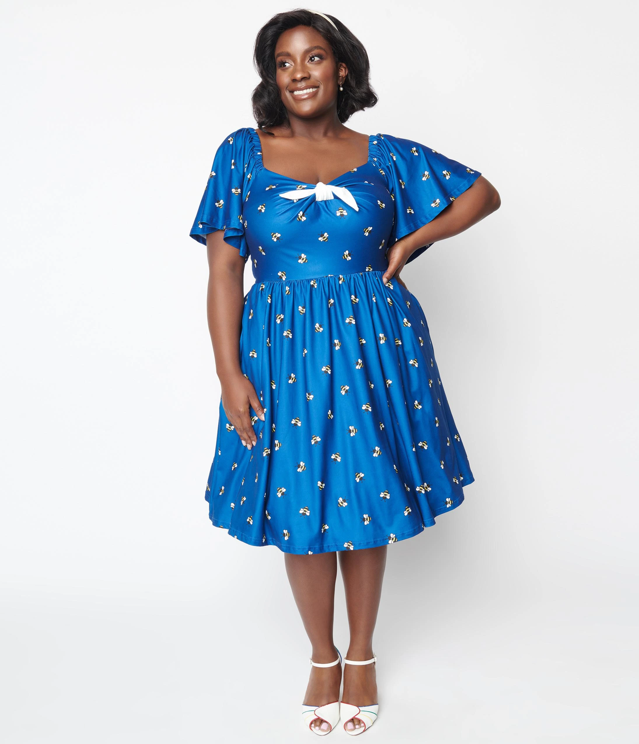Unique Vintage Curve Blue Bee Print Swing Dress