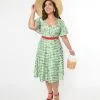 Unique Vintage Curve 1950s Green Ladybug Gingham Swing Dress
