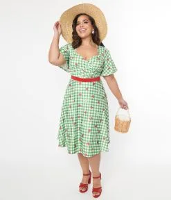 Unique Vintage Curve 1950s Green Ladybug Gingham Swing Dress