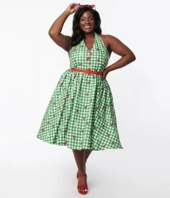 Unique Vintage 1950s Green Gingham Ladybug Halter Swing Dress