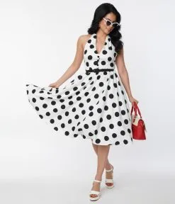 Unique Vintage 1950s White & Black Dot Halter Swing Dress