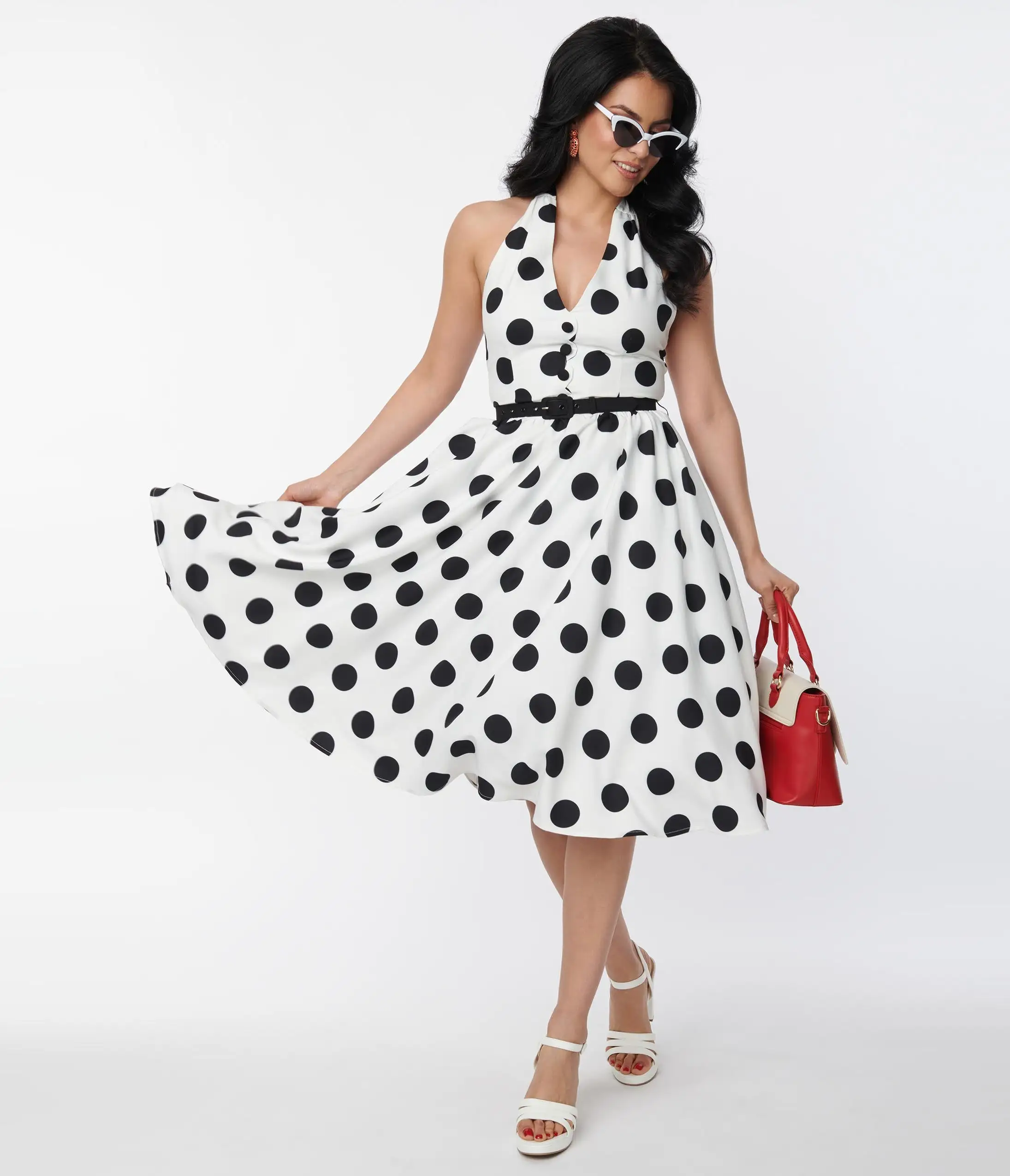 Unique Vintage 1950s White & Black Dot Halter Swing Dress