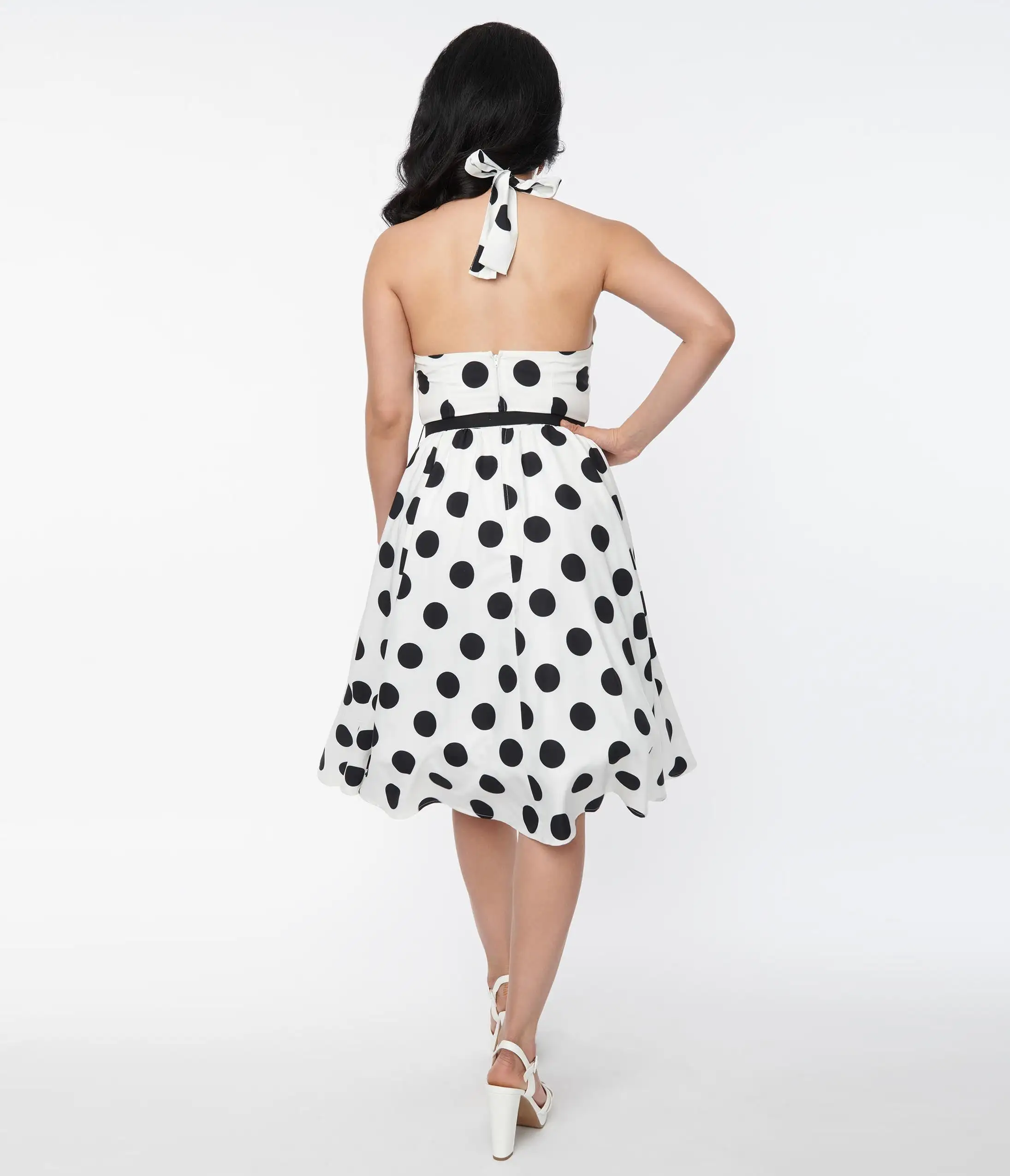 Unique Vintage 1950s White & Black Dot Halter Swing Dress - Image 3