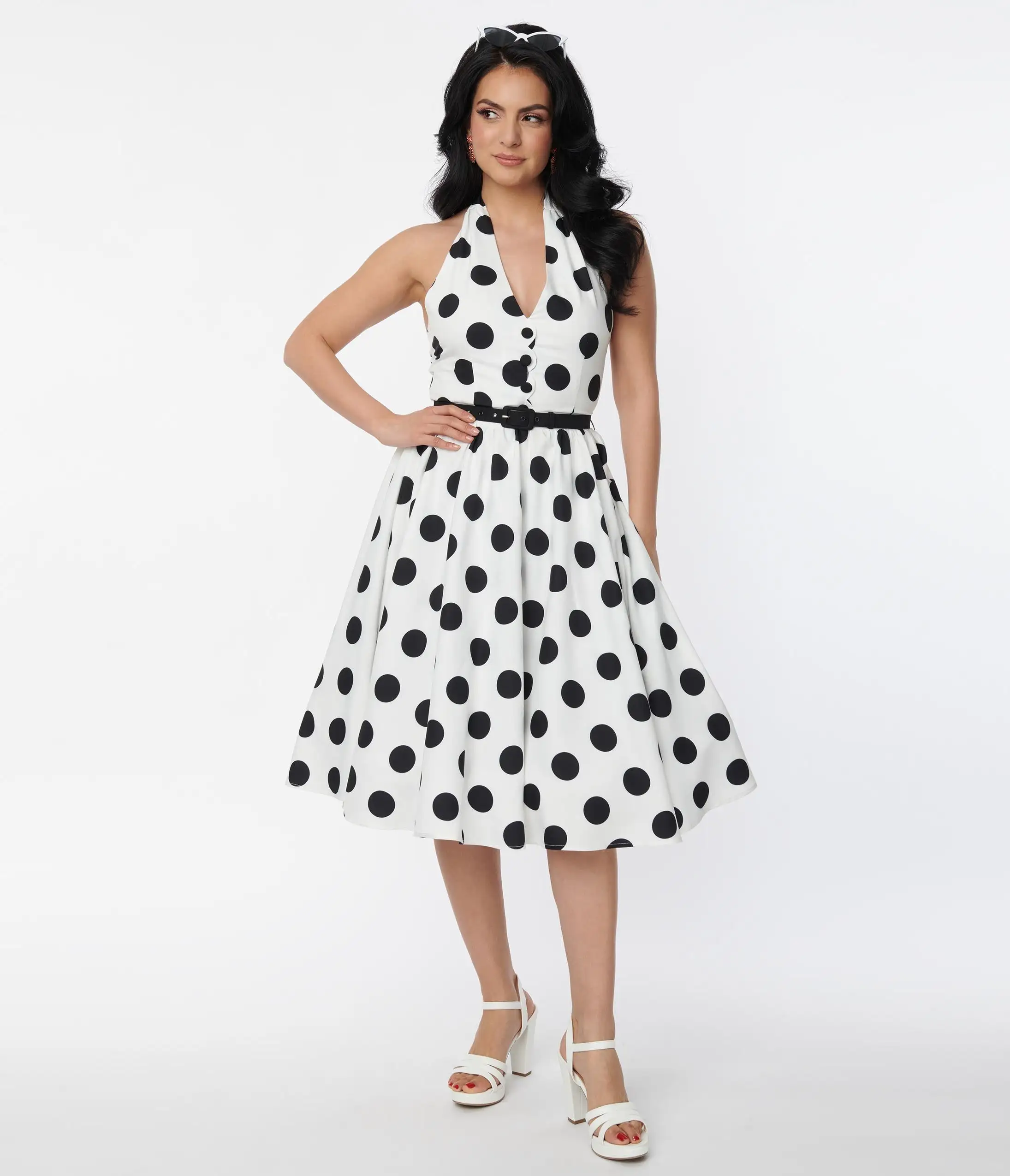 Unique Vintage 1950s White & Black Dot Halter Swing Dress - Image 4