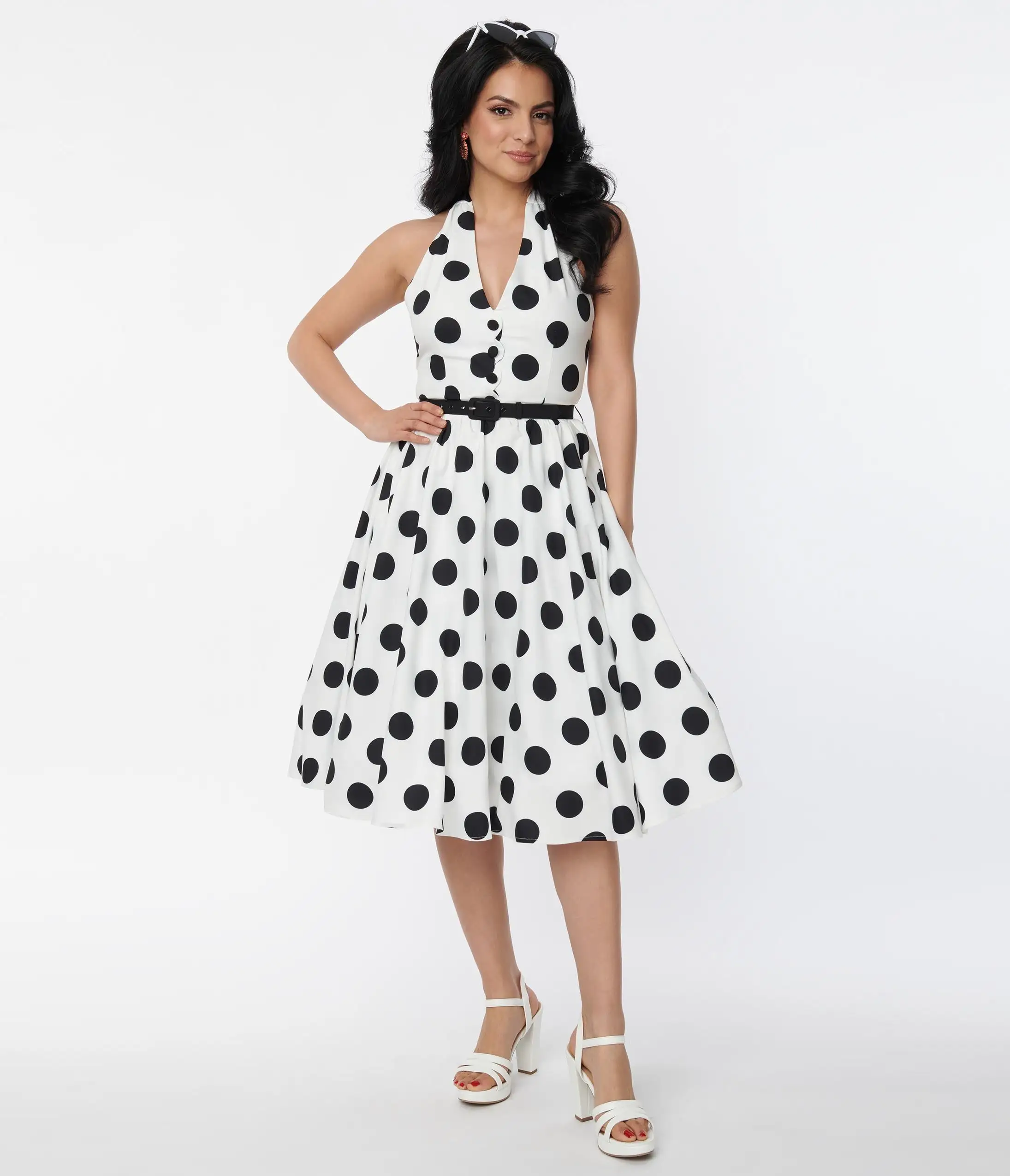 Unique Vintage 1950s White & Black Dot Halter Swing Dress - Image 5