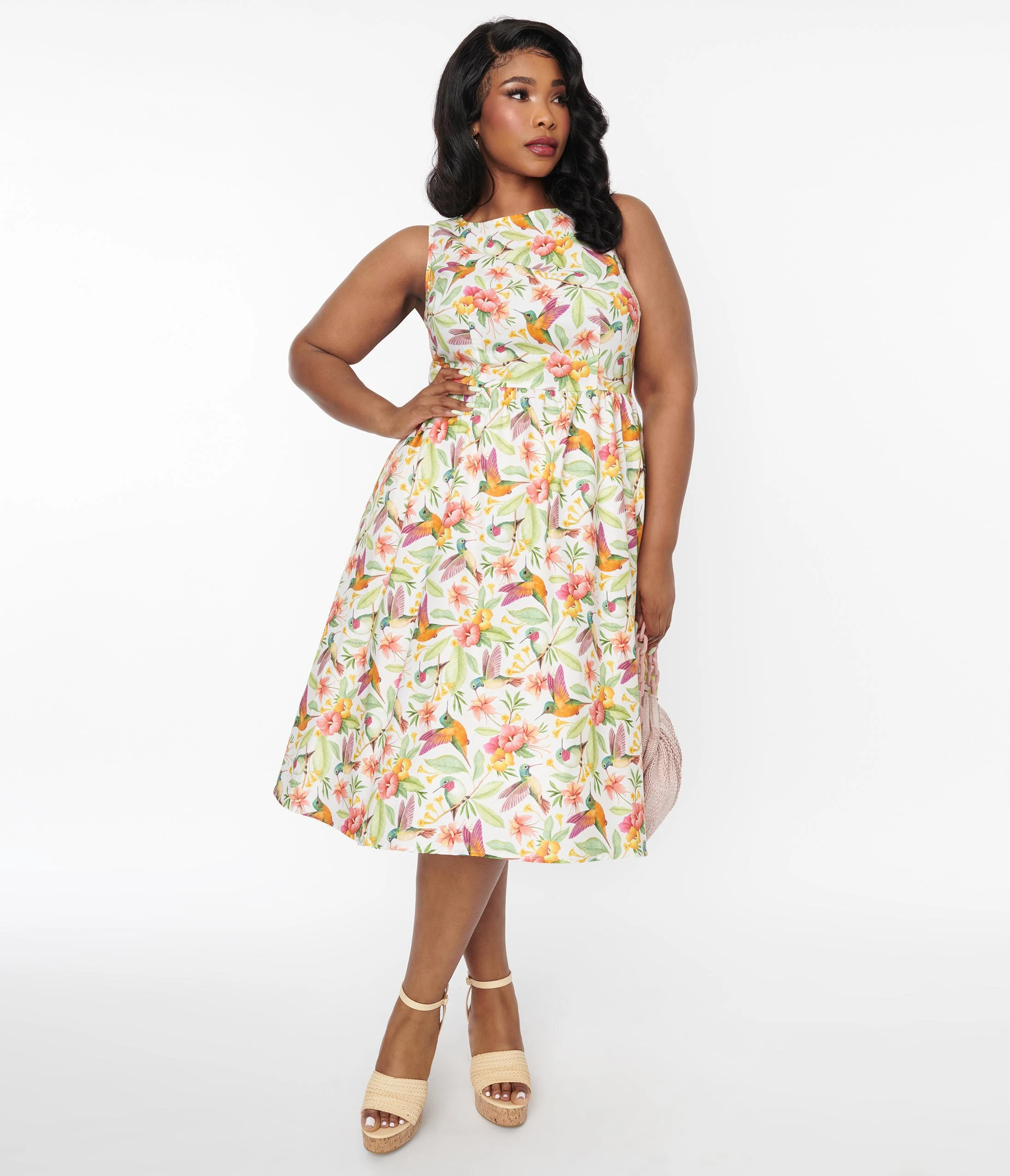 Retrolicious Plus Size White Hibiscus & Hummingbird Print Midi Dress - Image 5