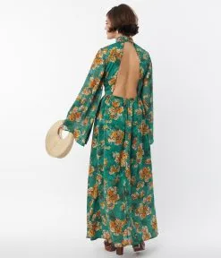 Unique Vintage Green & Orange Floral Bell Sleeve Maxi Dress