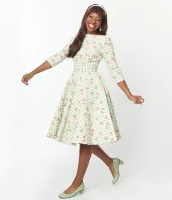 Unique Vintage Green & Peach Gingham Devon Swing Dress