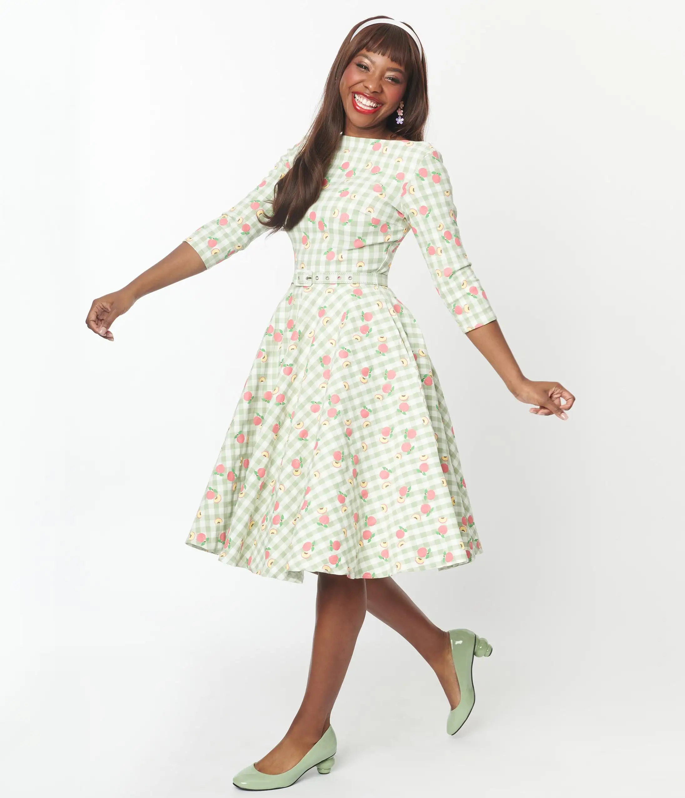 Unique Vintage Green & Peach Gingham Devon Swing Dress