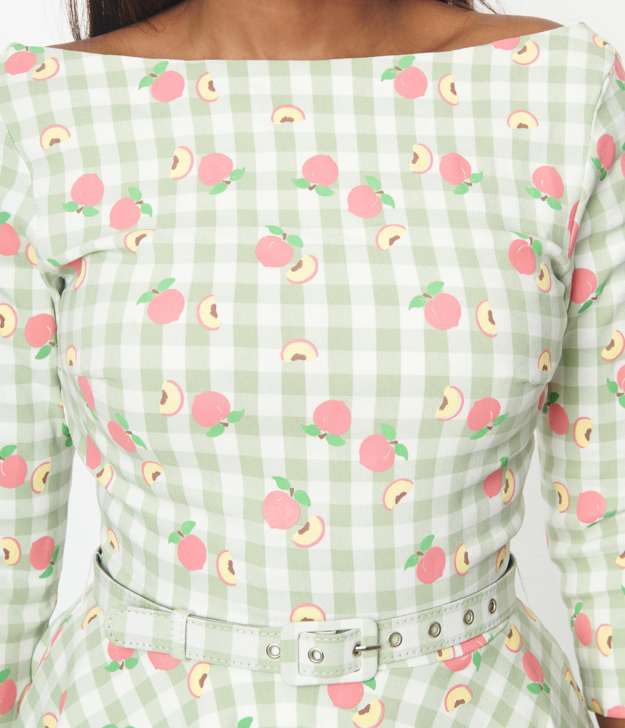 Unique Vintage Green & Peach Gingham Devon Swing Dress - Image 2