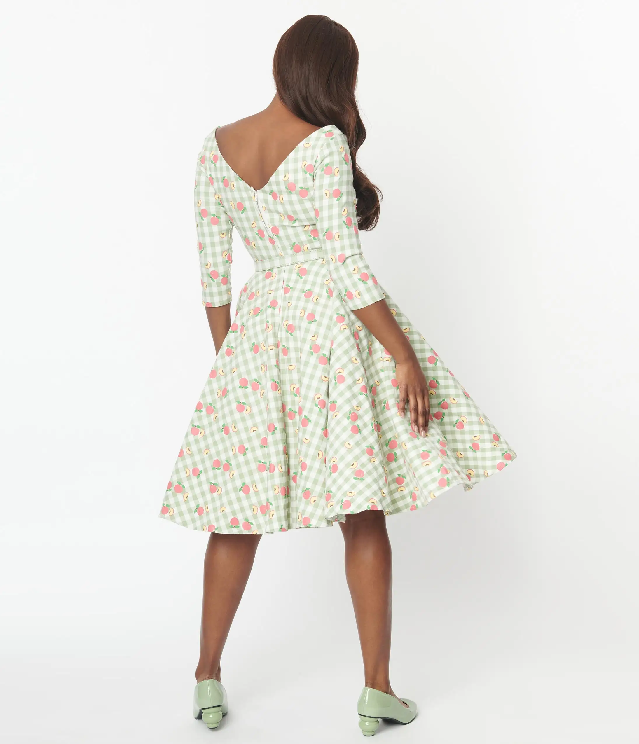 Unique Vintage Green & Peach Gingham Devon Swing Dress - Image 3