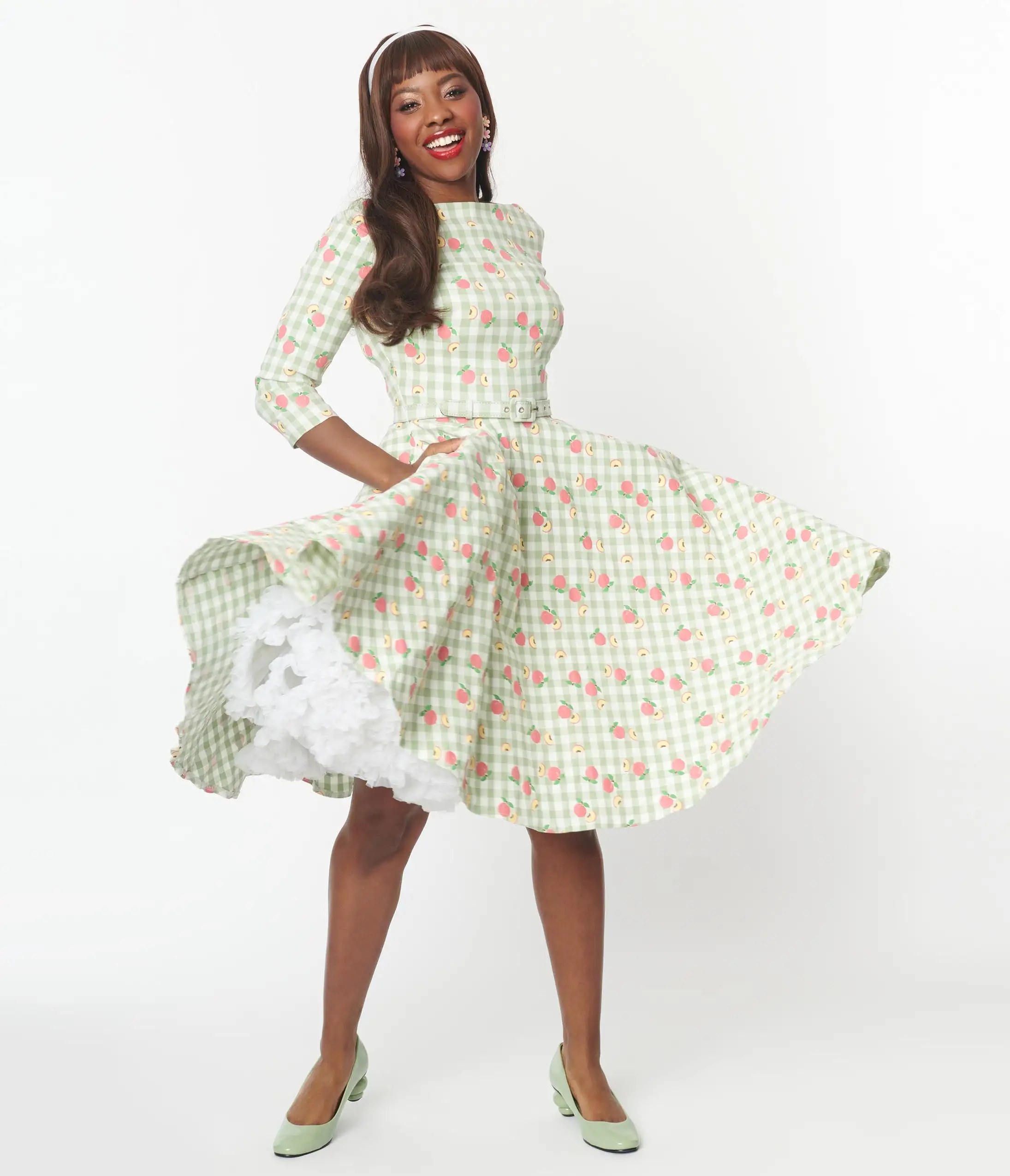 Unique Vintage Green & Peach Gingham Devon Swing Dress - Image 4