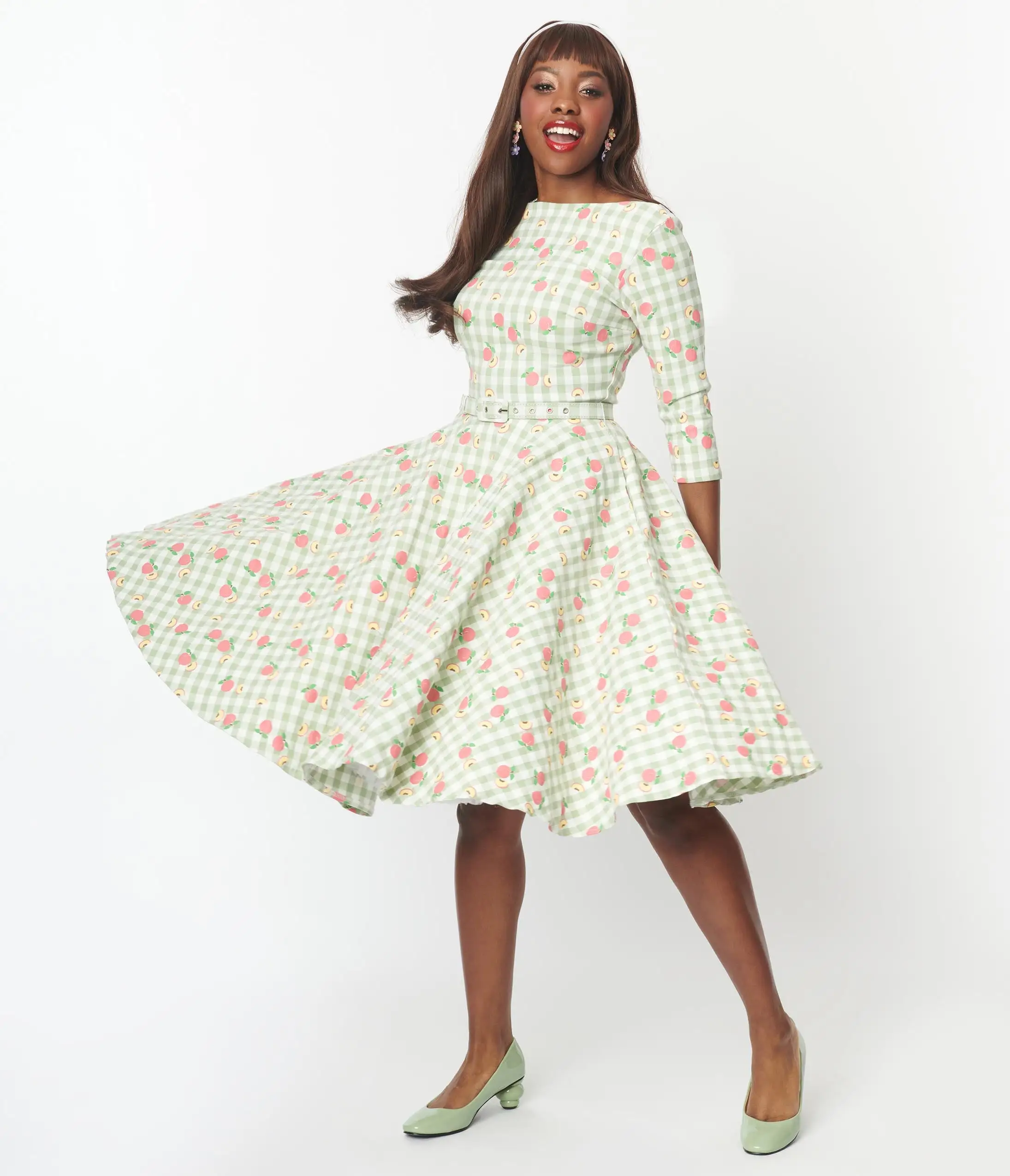 Unique Vintage Green & Peach Gingham Devon Swing Dress - Image 5