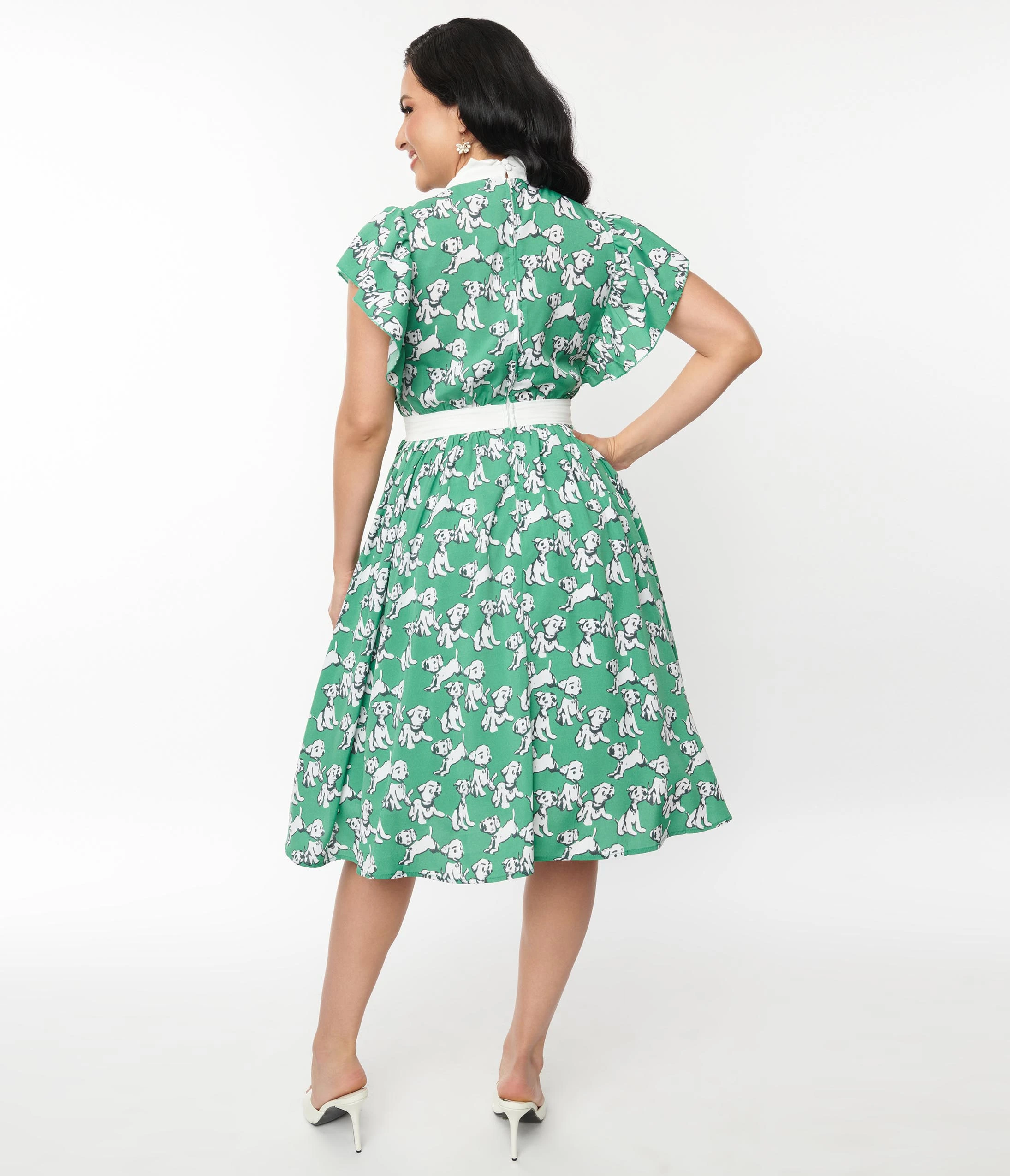 Unique Vintage Green Dog Print Swing Dress - Image 3