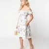 Unique Vintage Ivory Floral Off The Shoulder Ruffle Swing Dress