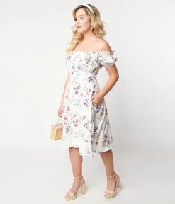 Unique Vintage Ivory Floral Off The Shoulder Ruffle Swing Dress