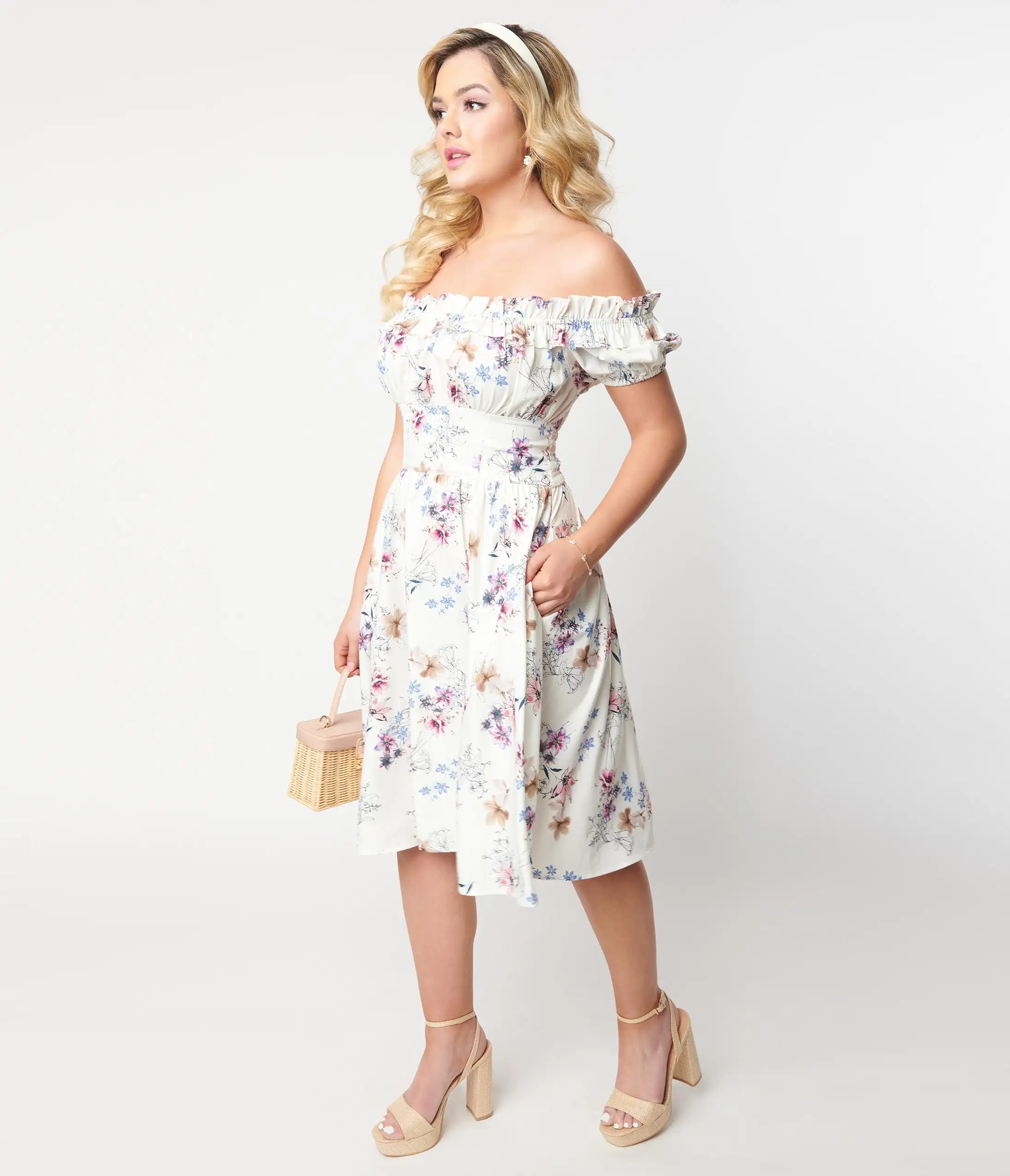 Unique Vintage Ivory Floral Off The Shoulder Ruffle Swing Dress
