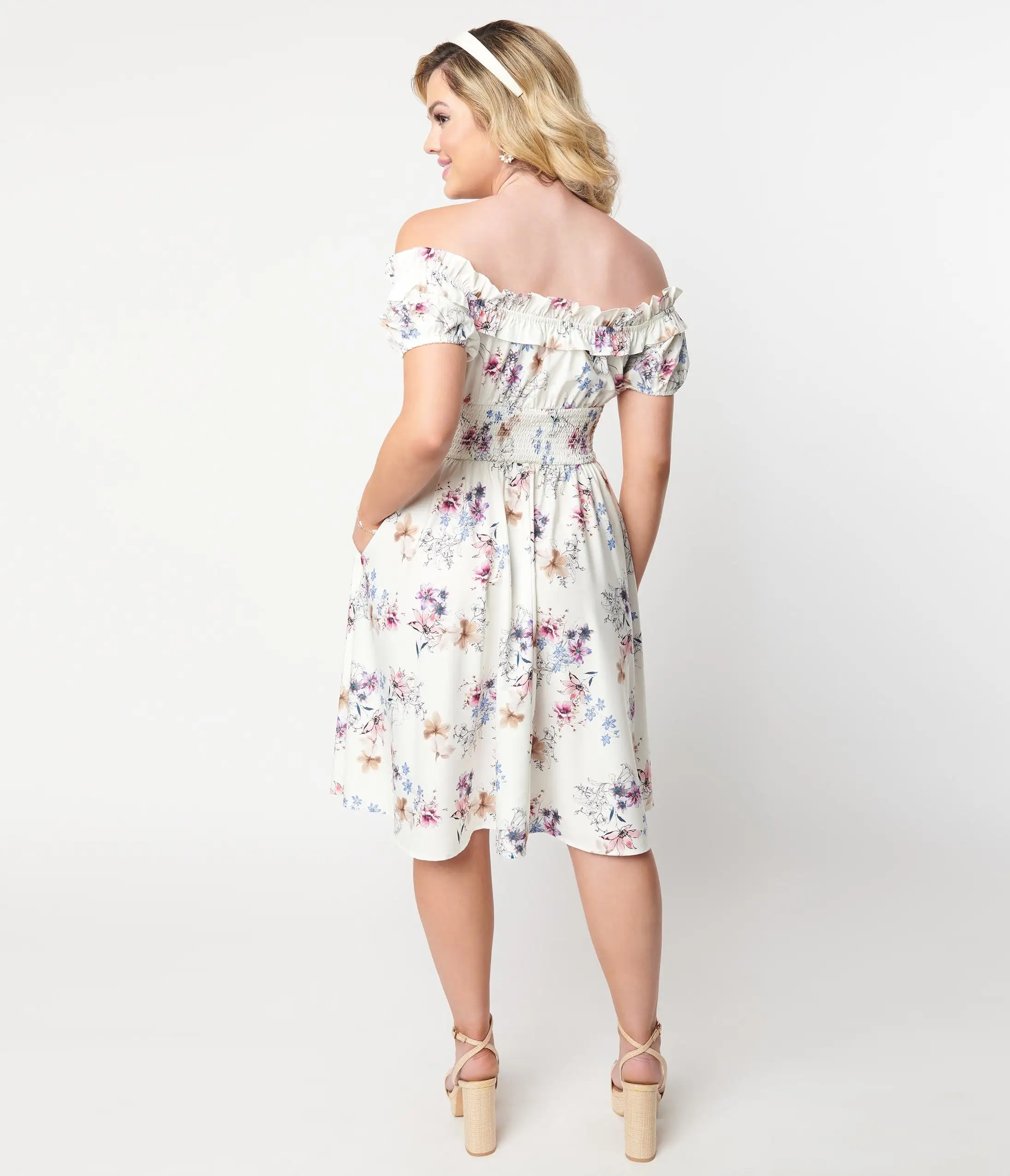 Unique Vintage Ivory Floral Off The Shoulder Ruffle Swing Dress - Image 3