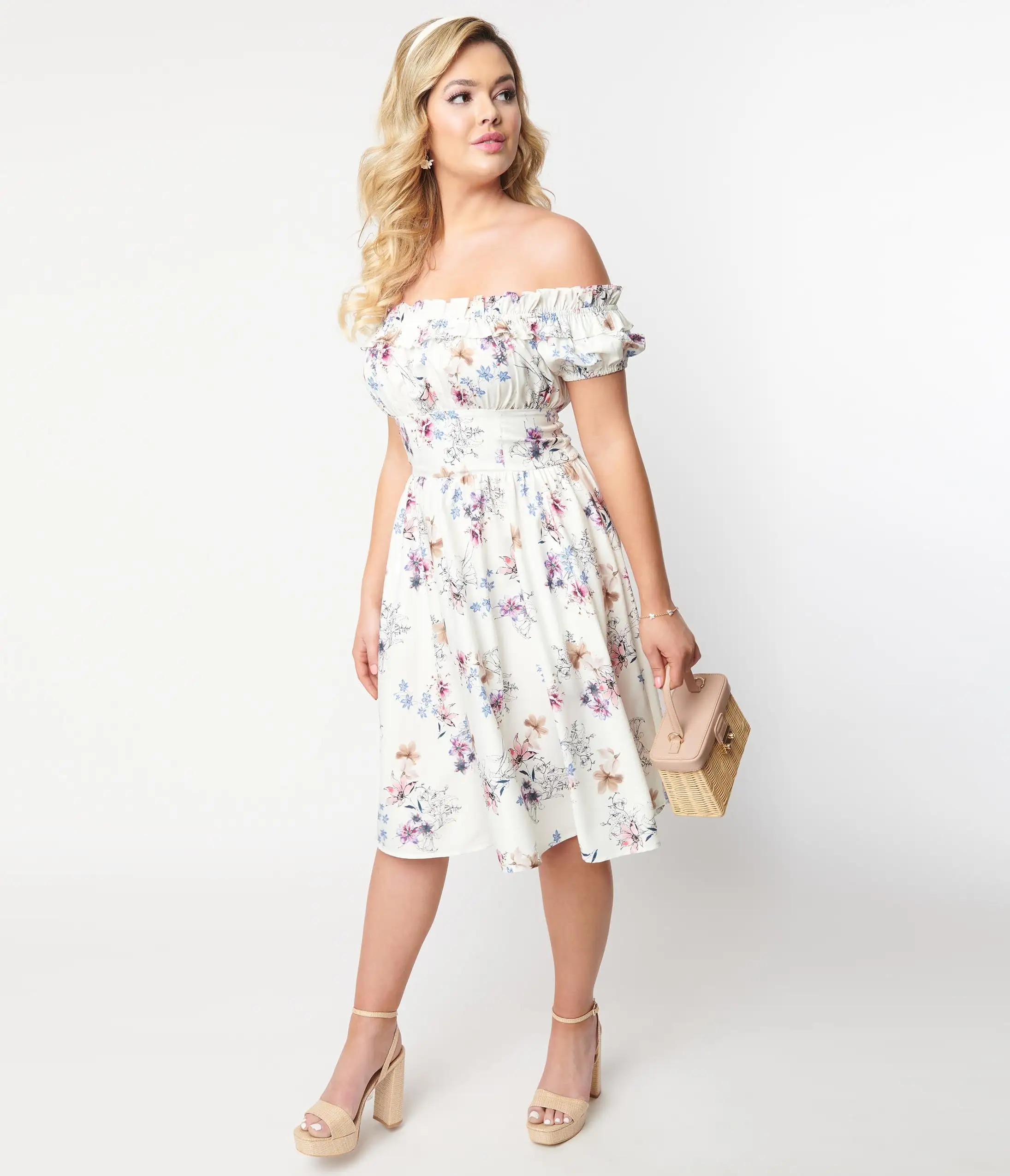 Unique Vintage Ivory Floral Off The Shoulder Ruffle Swing Dress - Image 4