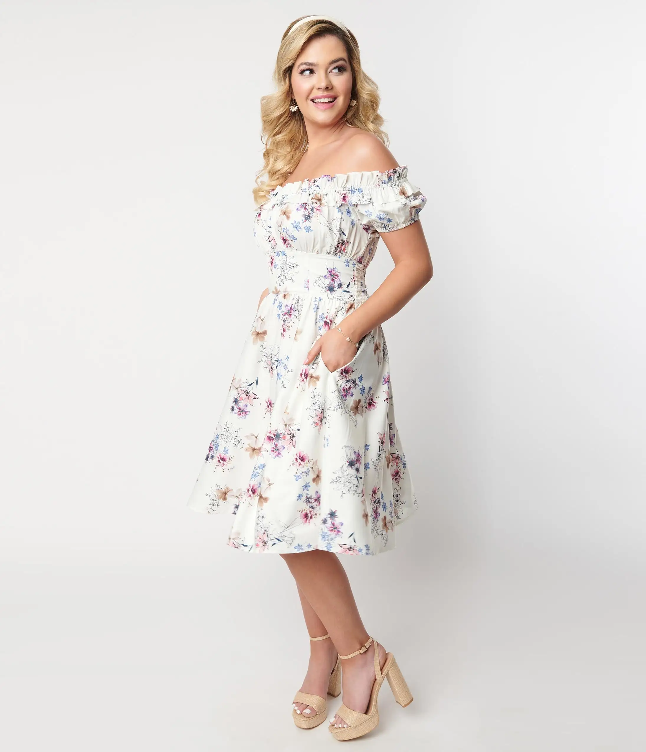 Unique Vintage Ivory Floral Off The Shoulder Ruffle Swing Dress - Image 5