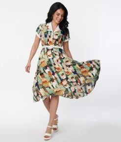 Unique Vintage Village Print Alexis Swing Dress