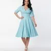 Unique Vintage Light Blue Pin Dot Delores Swing Dress