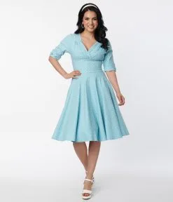 Unique Vintage Light Blue Pin Dot Delores Swing Dress