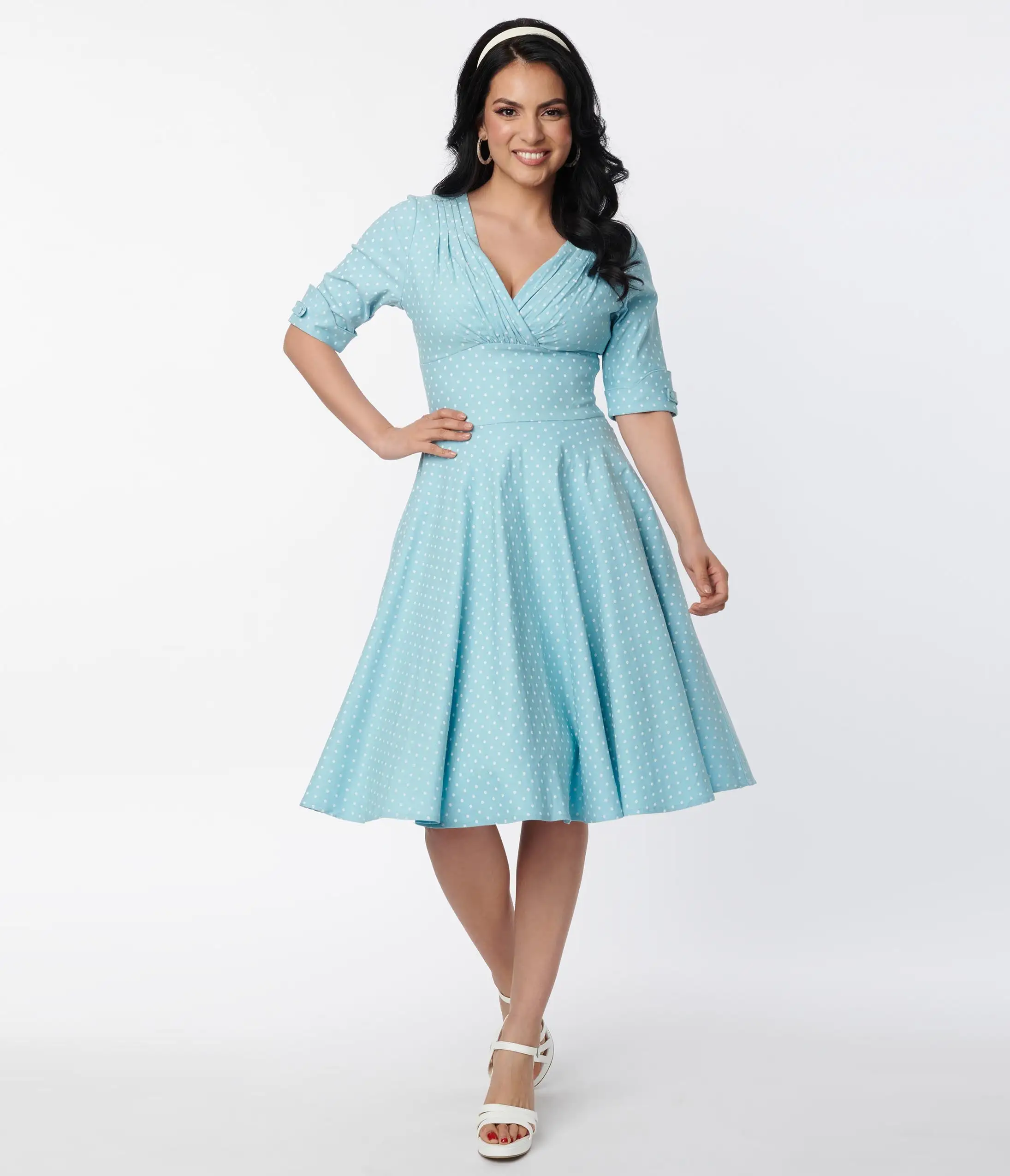 Unique Vintage Light Blue Pin Dot Delores Swing Dress
