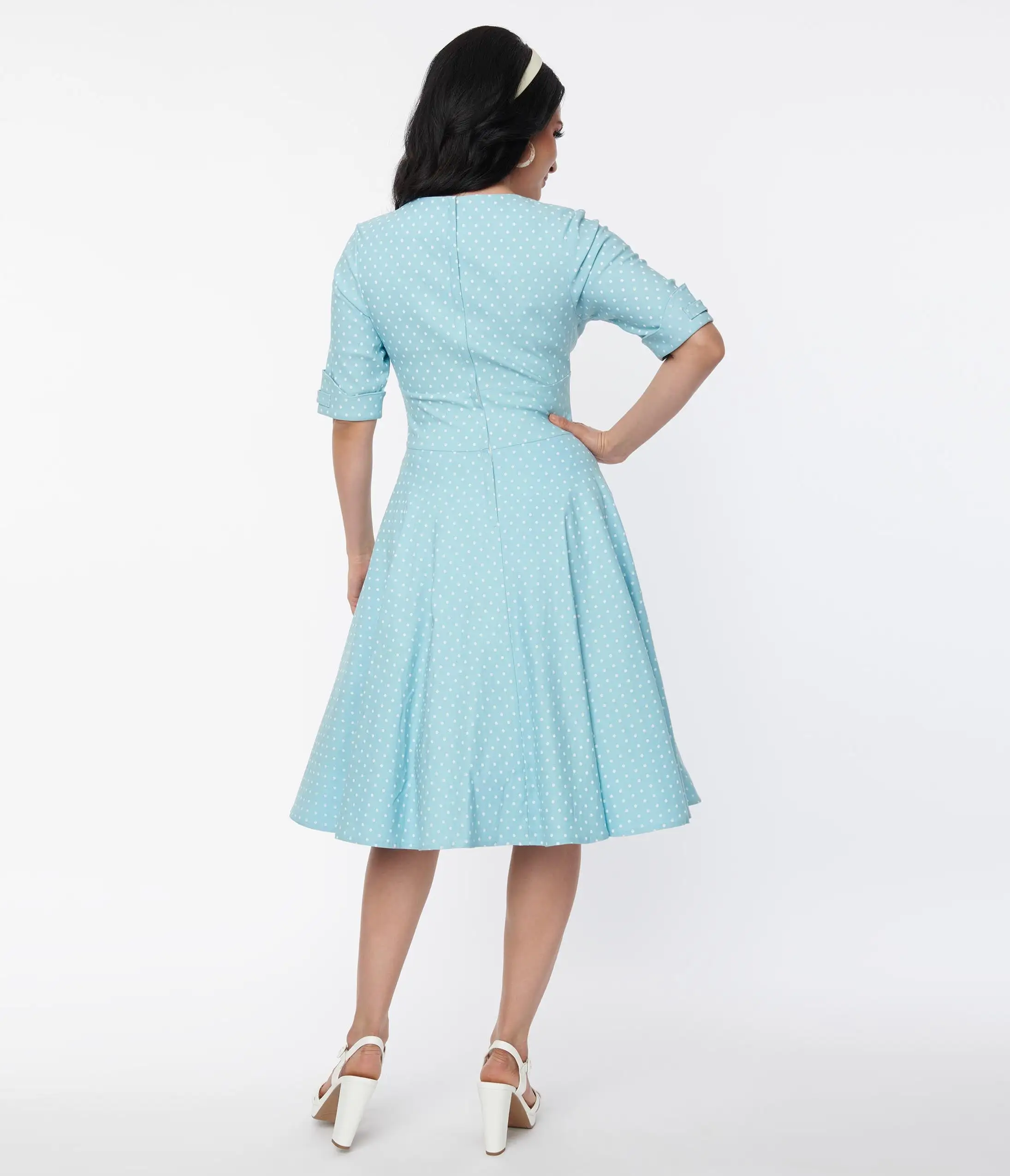 Unique Vintage Light Blue Pin Dot Delores Swing Dress - Image 2