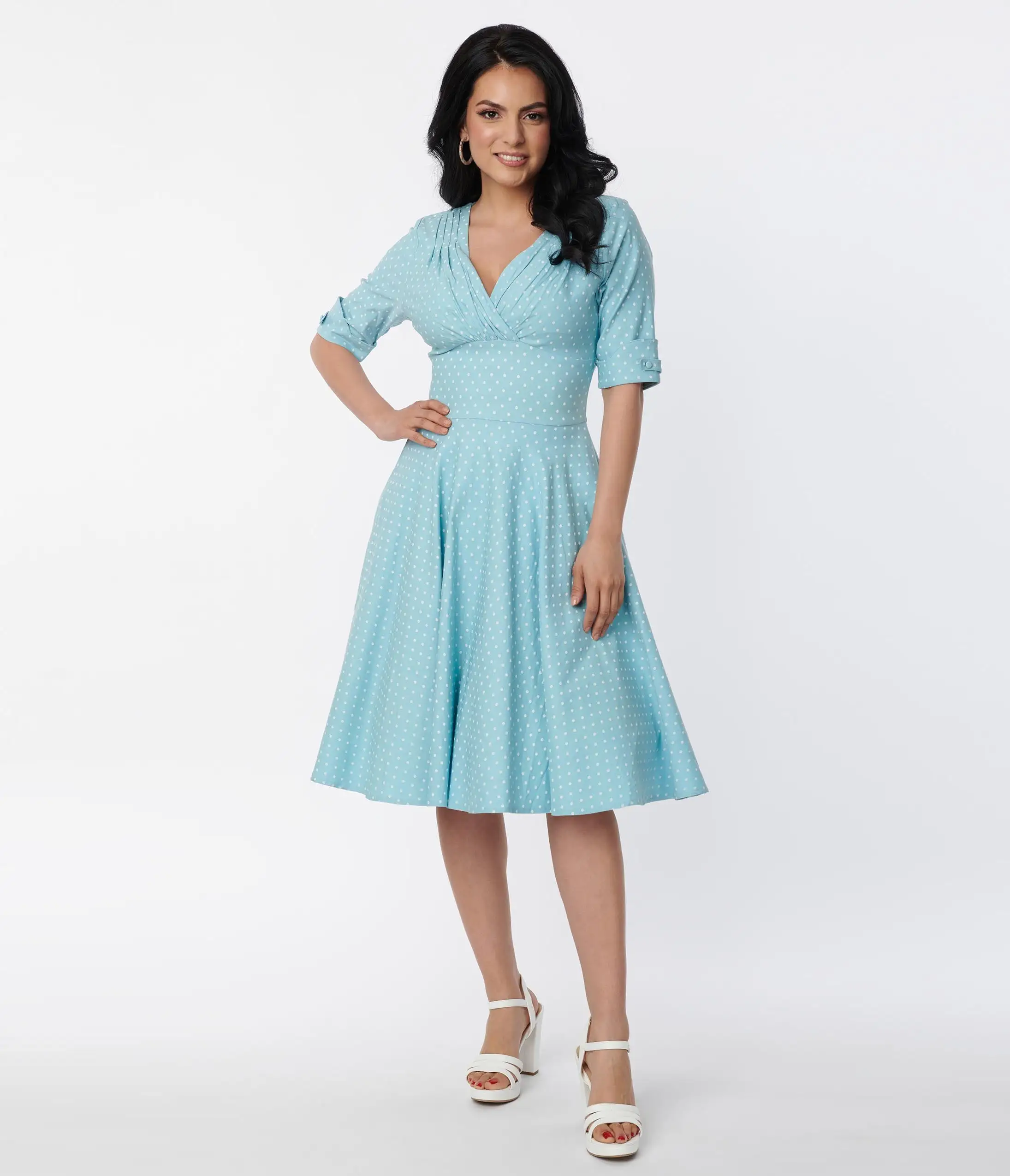 Unique Vintage Light Blue Pin Dot Delores Swing Dress - Image 4