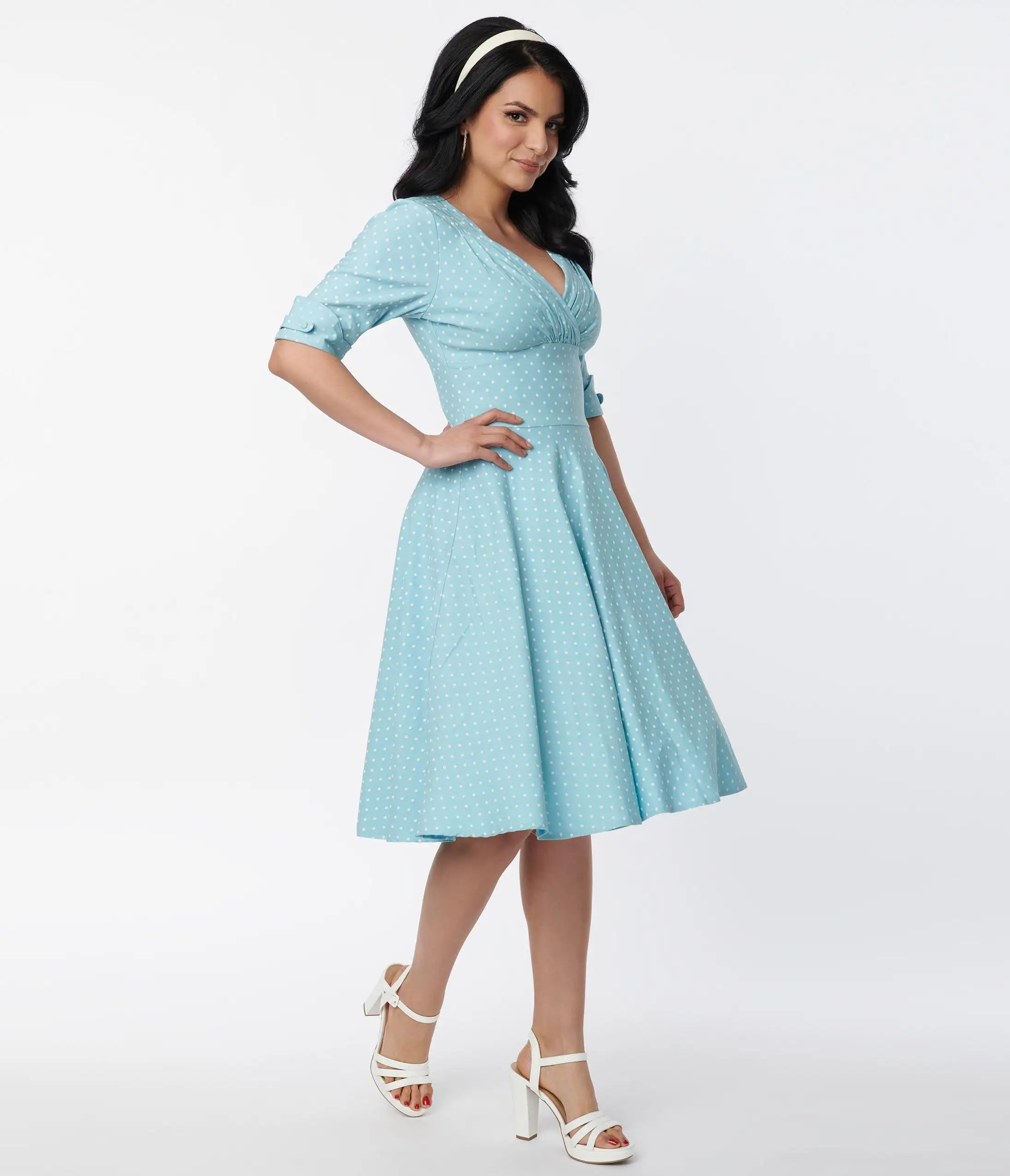 Unique Vintage Light Blue Pin Dot Delores Swing Dress - Image 5