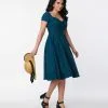 Unique Vintage Teal & Black Dot Midge Swing Dress