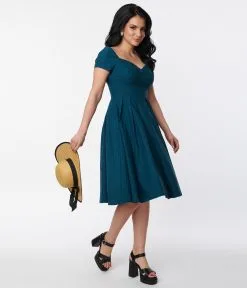 Unique Vintage Teal & Black Dot Midge Swing Dress