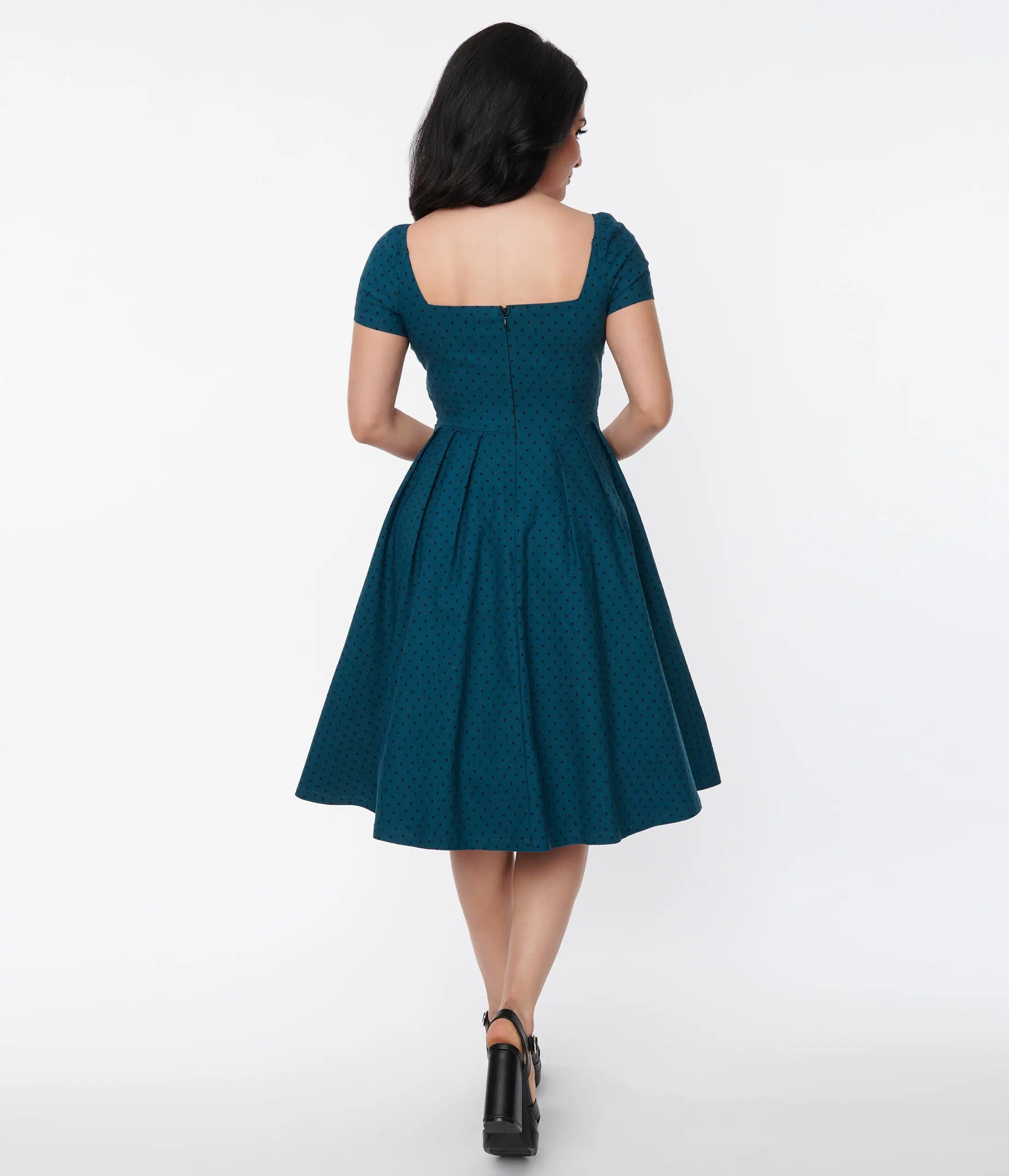 Unique Vintage Teal & Black Dot Midge Swing Dress - Image 2