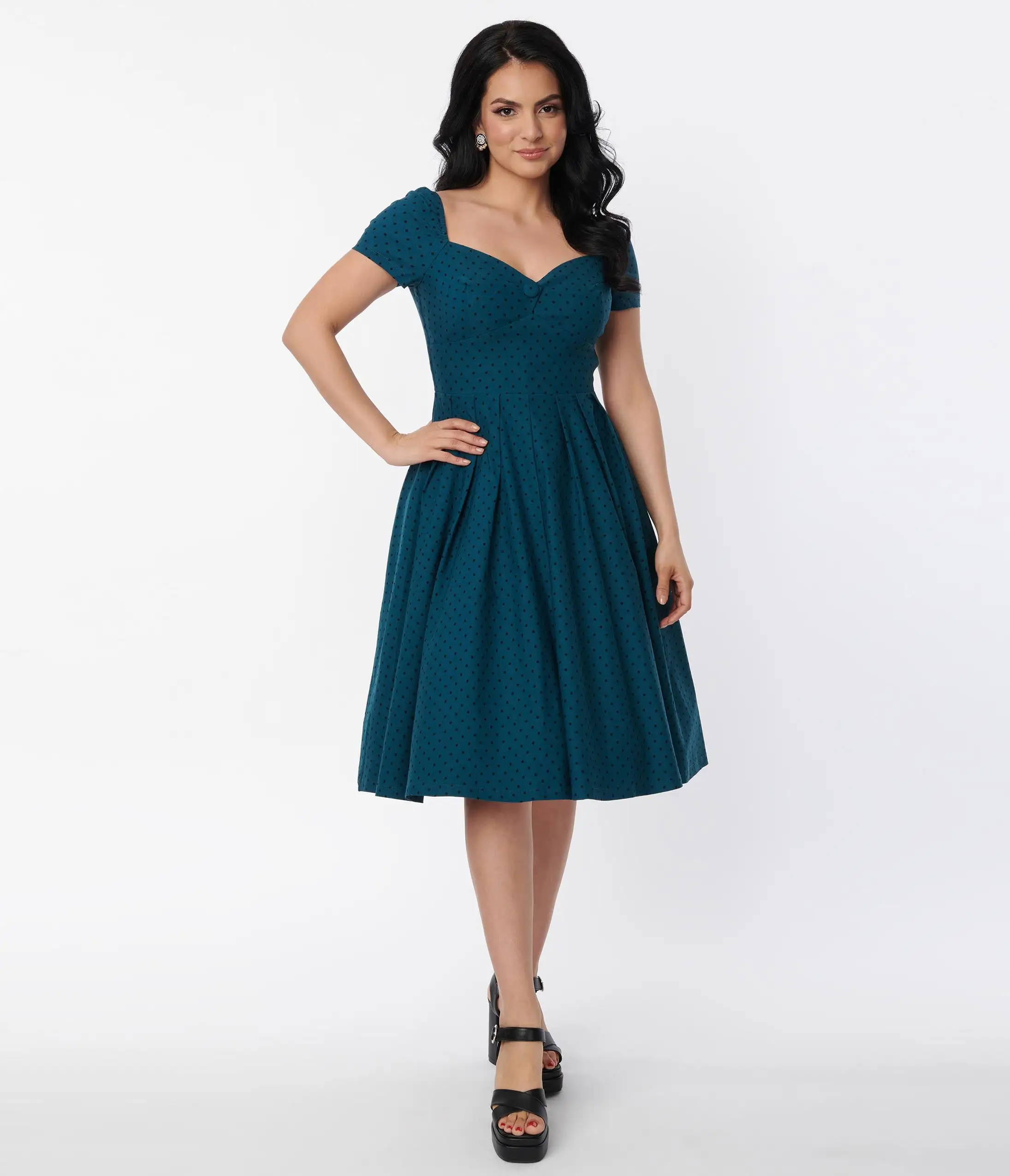 Unique Vintage Teal & Black Dot Midge Swing Dress - Image 4