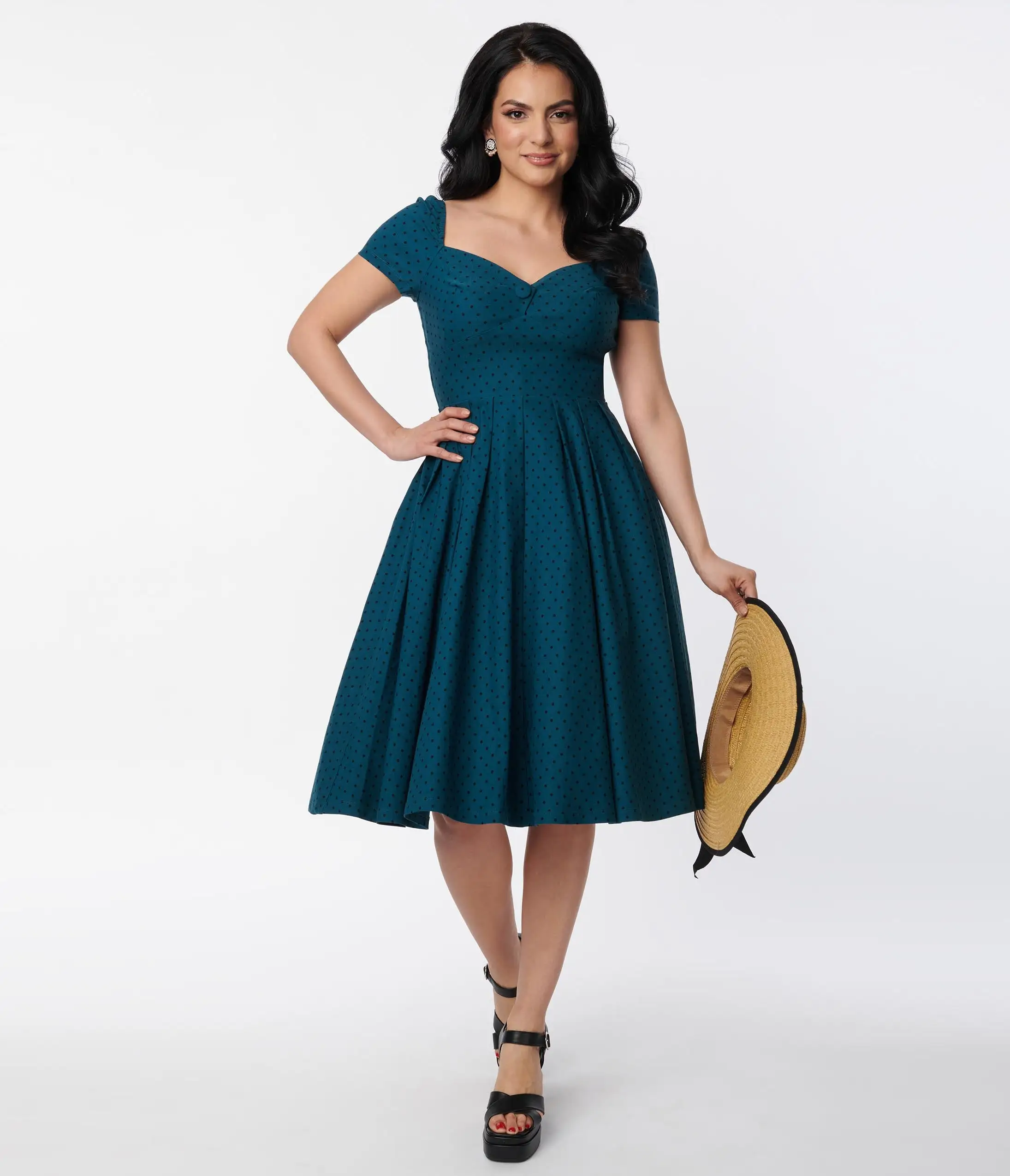 Unique Vintage Teal & Black Dot Midge Swing Dress - Image 5