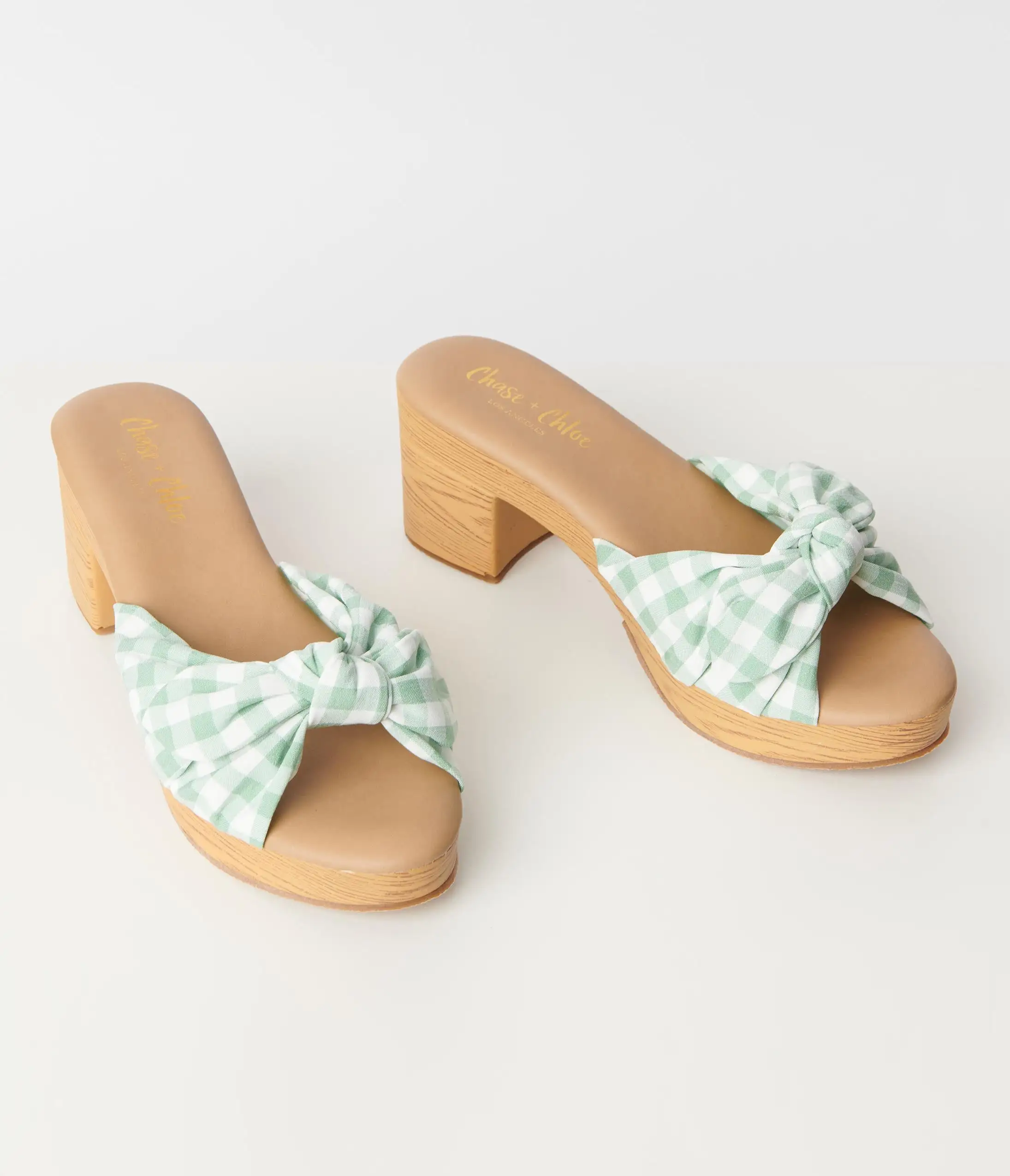Joia Mint Green Gingham Print Bow Wood Mule