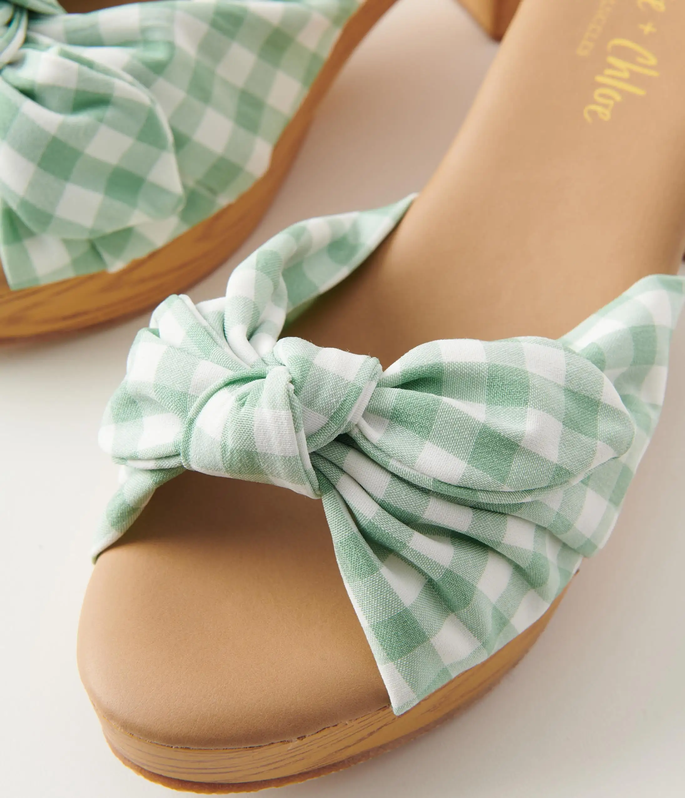 Joia Mint Green Gingham Print Bow Wood Mule - Image 2