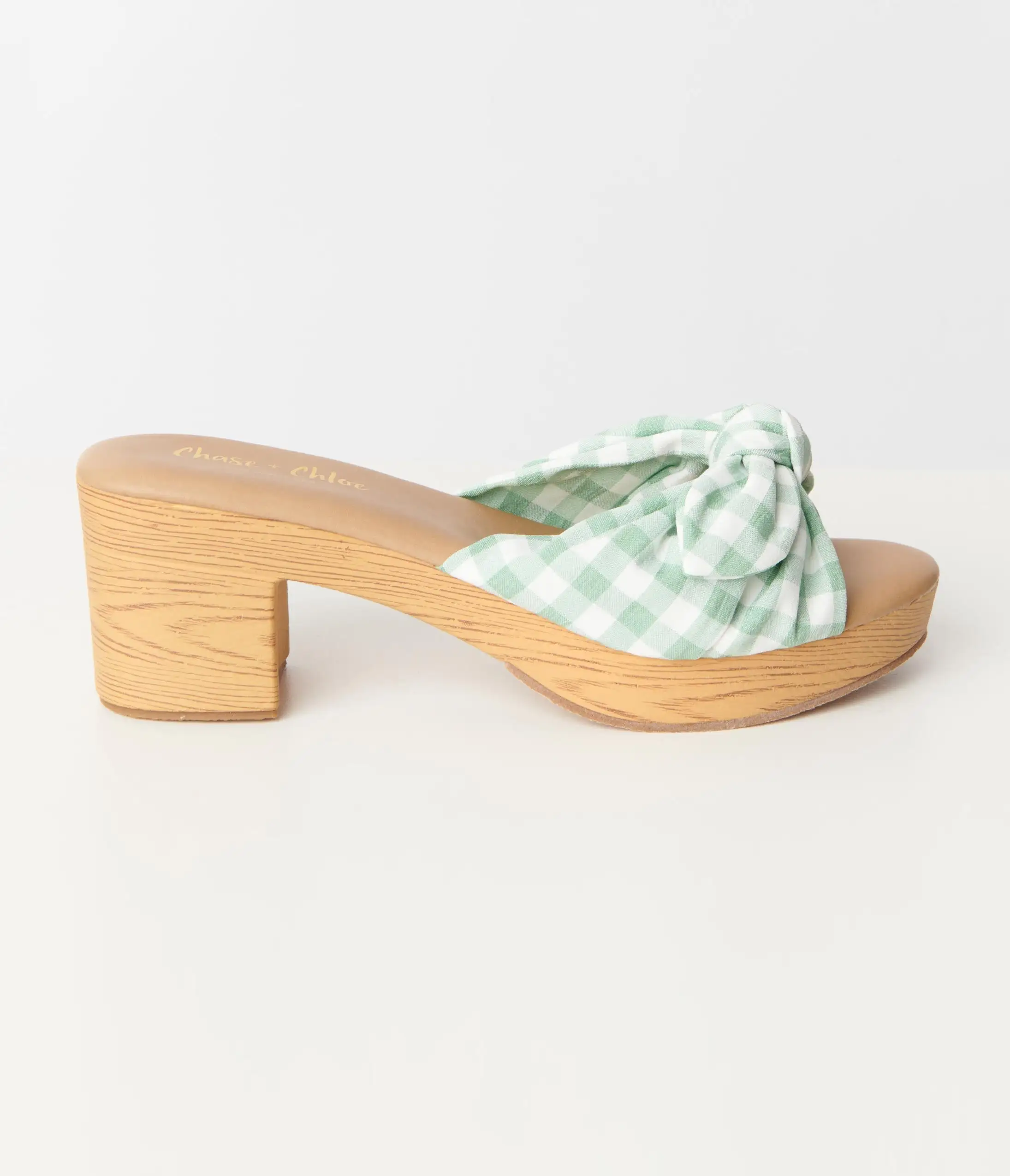Joia Mint Green Gingham Print Bow Wood Mule - Image 3