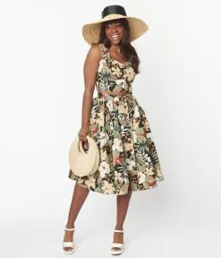 Pop Soda Hell Bunny Black Tropical Print Adelaida Midi Skirt