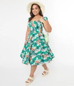 Pop Soda Hell Bunny Light Blue & Green Tropical Ukulele Swing Dress