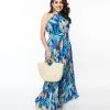 Flying Tomato Blue Tropical Pleated Maxi Dress