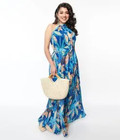 Flying Tomato Blue Tropical Pleated Maxi Dress
