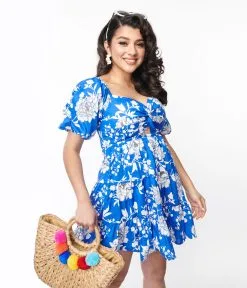 Flying Tomato Royal Blue & White Floral Puff Sleeve Flare Dress