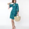 Rockin' Bettie Teal & Pink Palm Tree Willow Flare Dress
