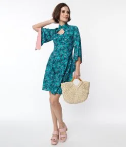 Rockin' Bettie Teal & Pink Palm Tree Willow Flare Dress