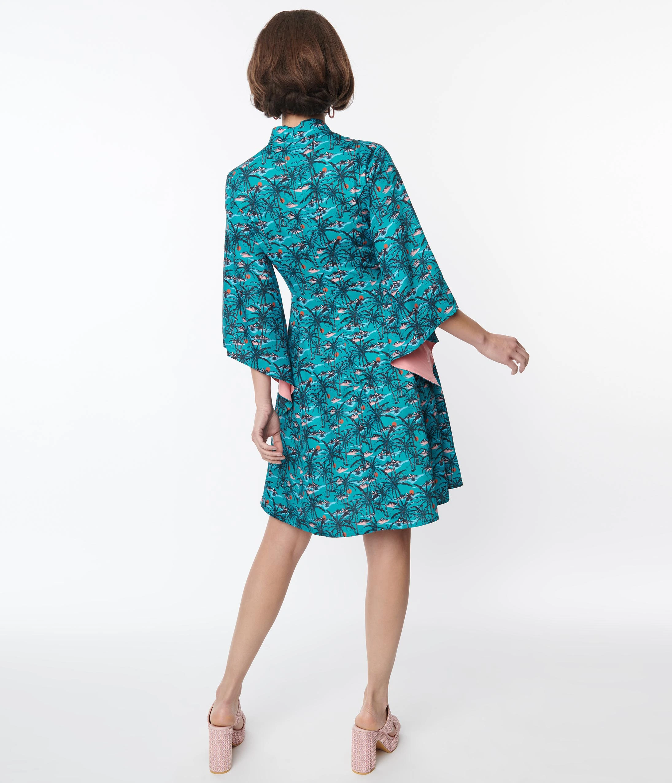 Rockin' Bettie Teal & Pink Palm Tree Willow Flare Dress - Image 3