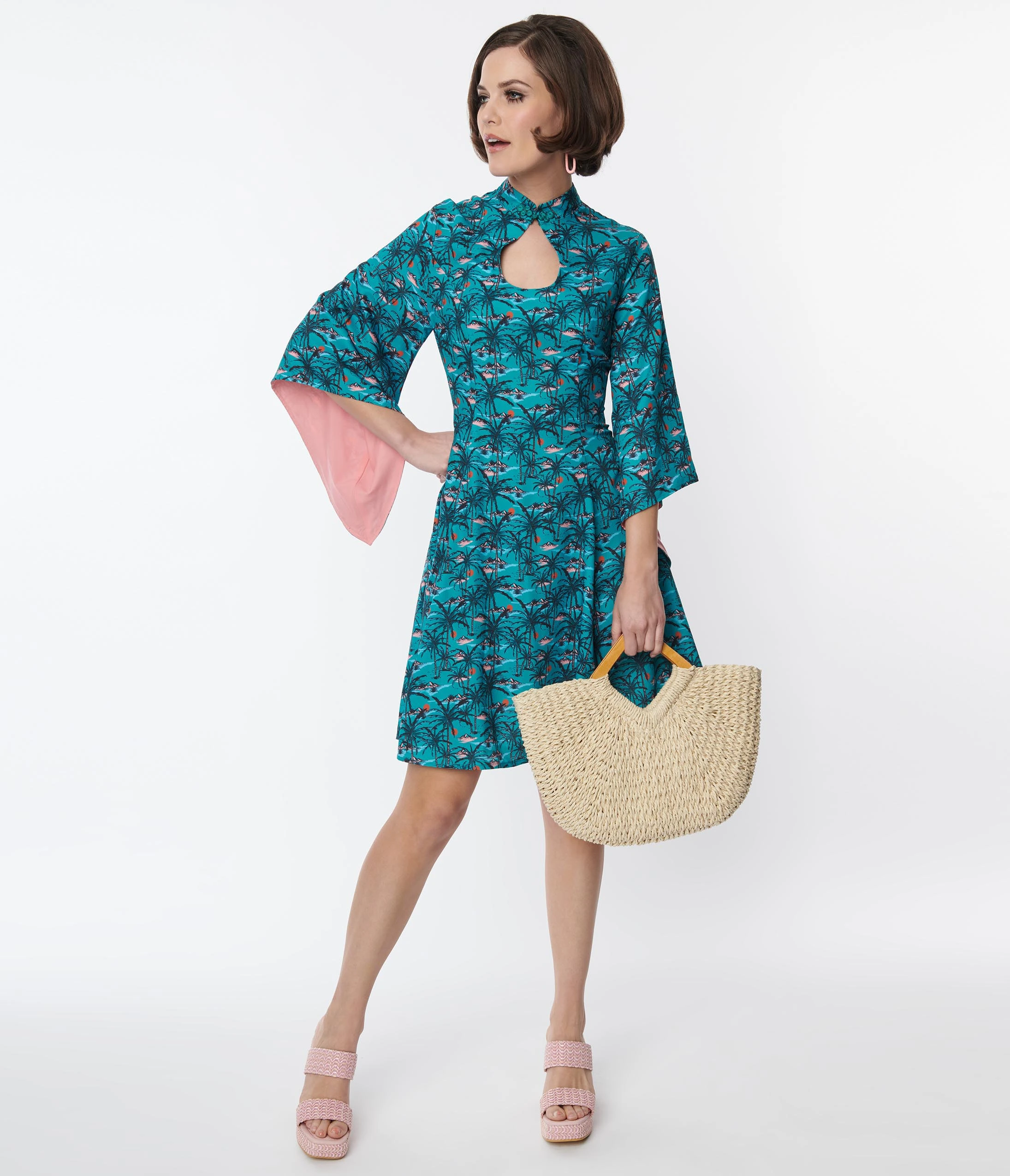 Rockin' Bettie Teal & Pink Palm Tree Willow Flare Dress - Image 4